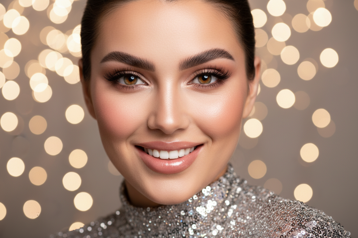 CRIA UMA IMAGEM COM 1 MULHER VESTIDAS COM ROUPAS BRILHANTES CELEBRANDO A PASSAGEM DE NAO. ELA DEVEM TER as sobrancelhas laminadas portanto a foto deve mostrar bem o rosto dela. os cilios tambem devem ser longos