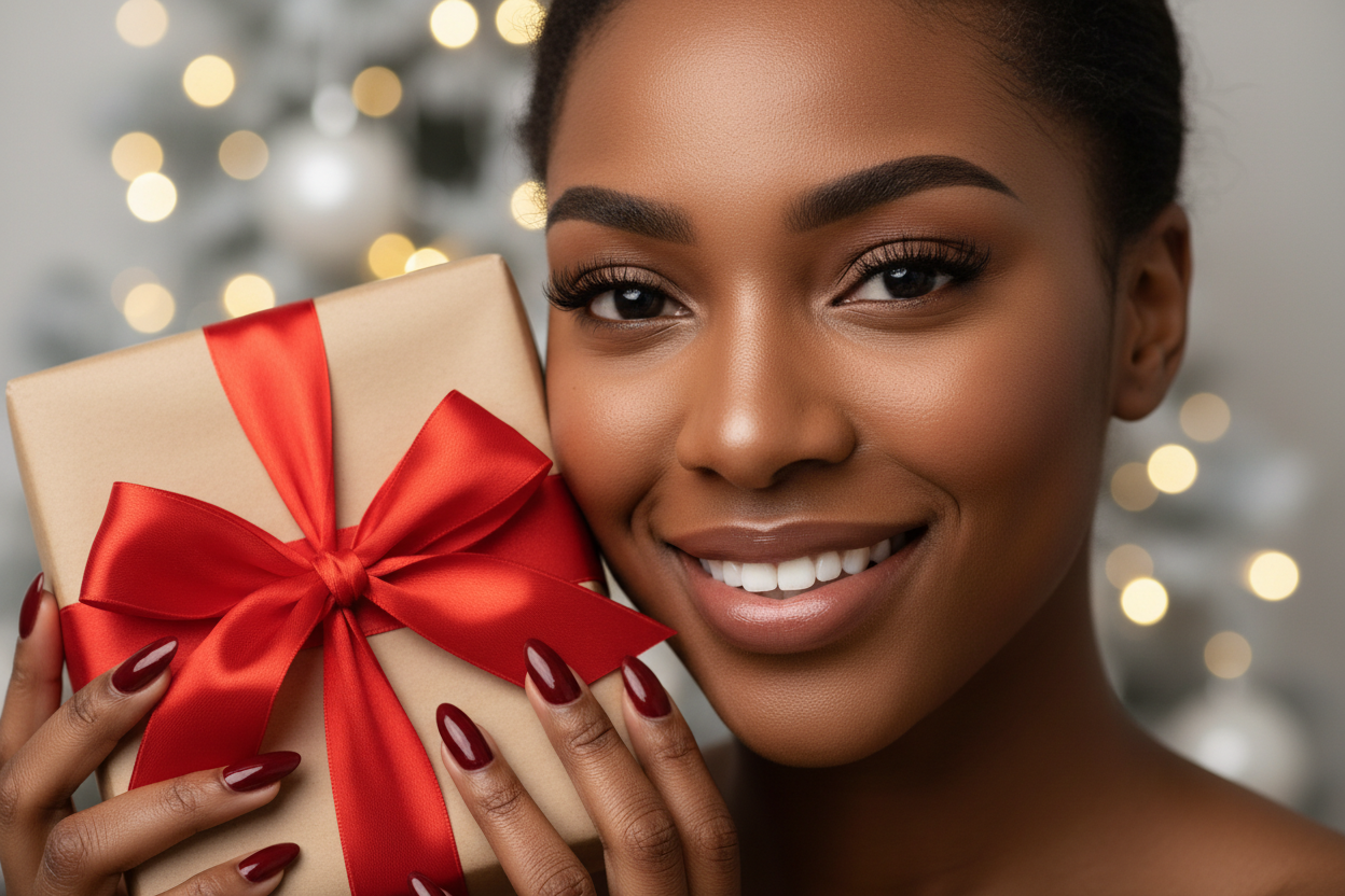 cria uma imagem com uma mulher negra e com destaque para o rosto dela com as sobrancelhas laminadas e os cilios com lift mas com aparencia natural. Ela deve segurar a caixa de presente com embrulho castanho e laço vermelho ao lado do rosto com um sorriso. As unhas da mesma devem estar pintadas de vermelho escuro. E o ambiente ao lado e por tras da mesma deve ser um ambiente natalino branco mas sem ser muito visivel para dar destaque a modelo.