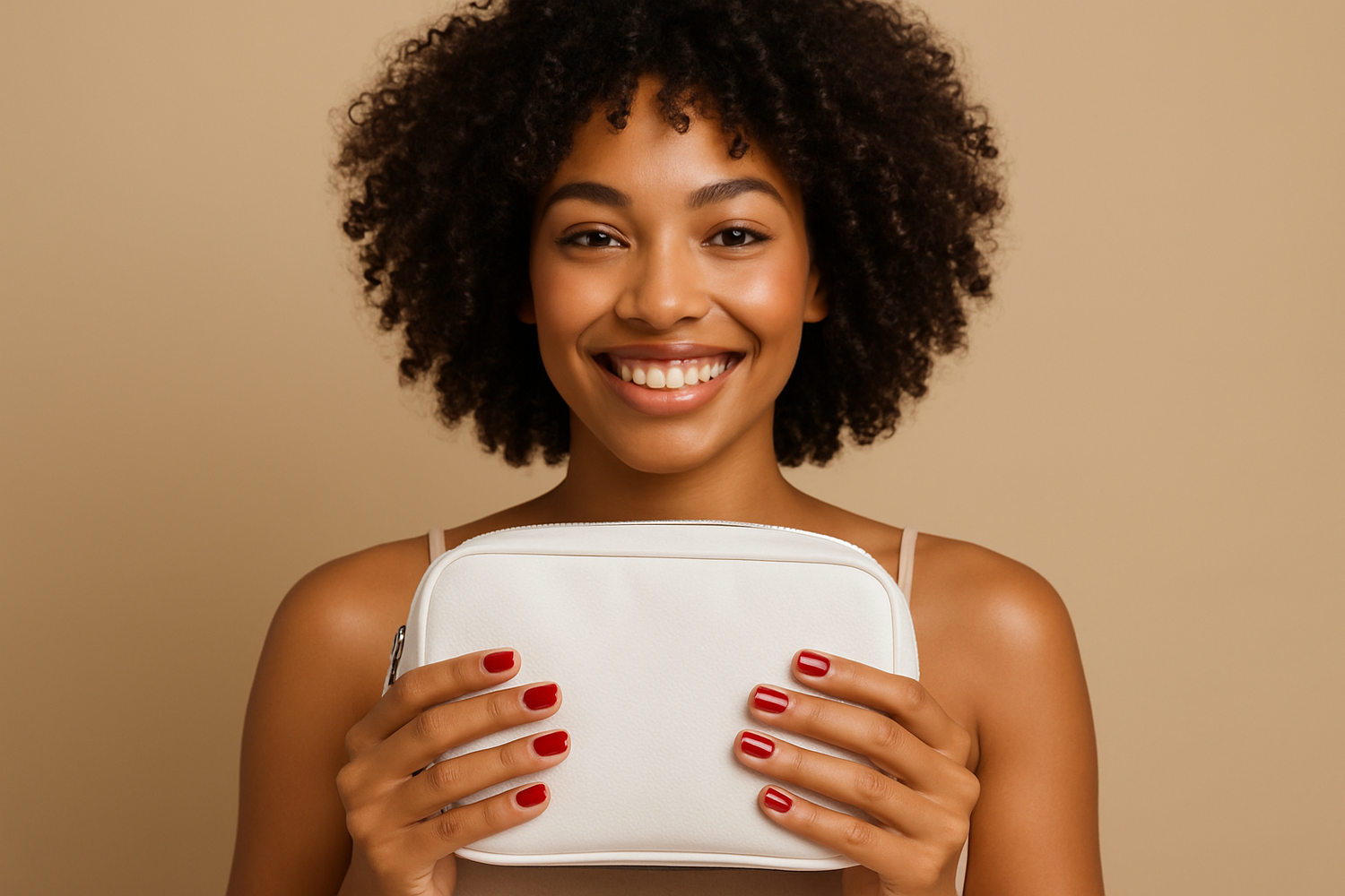 the woman should be brown with curly hair and red nails holding a white necessair bag with a smile in her face